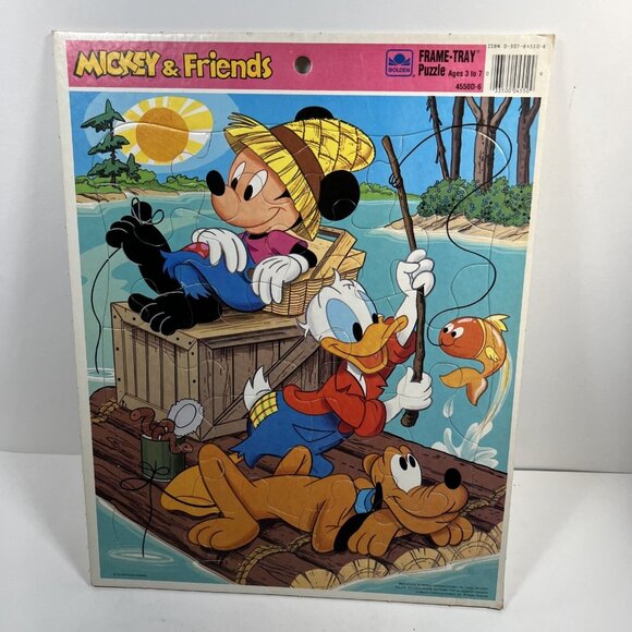 Golden Other - Golden Frame Tray Puzzle Disney Mickey Donald and Pluto Fishing Vintage 1990